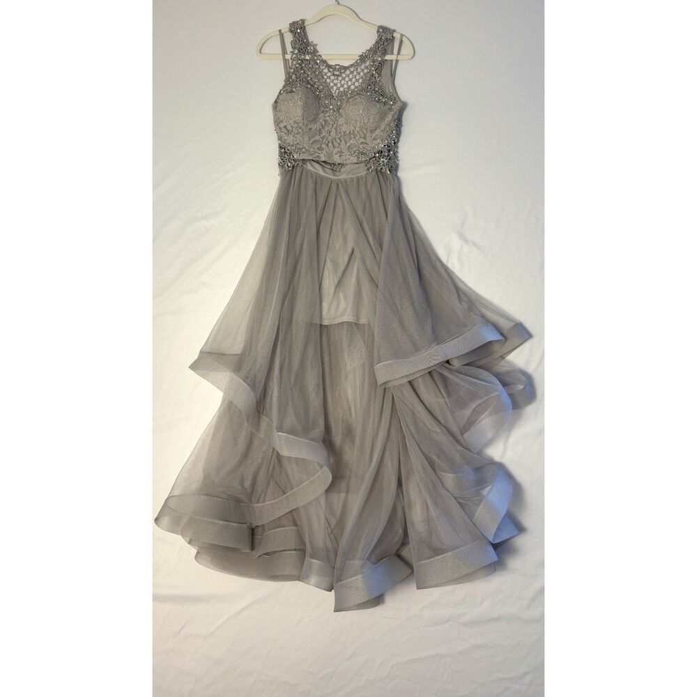 1011 Size 7 Jodi Kristopher 2 piece silver dress transparent tulle skirt lace
